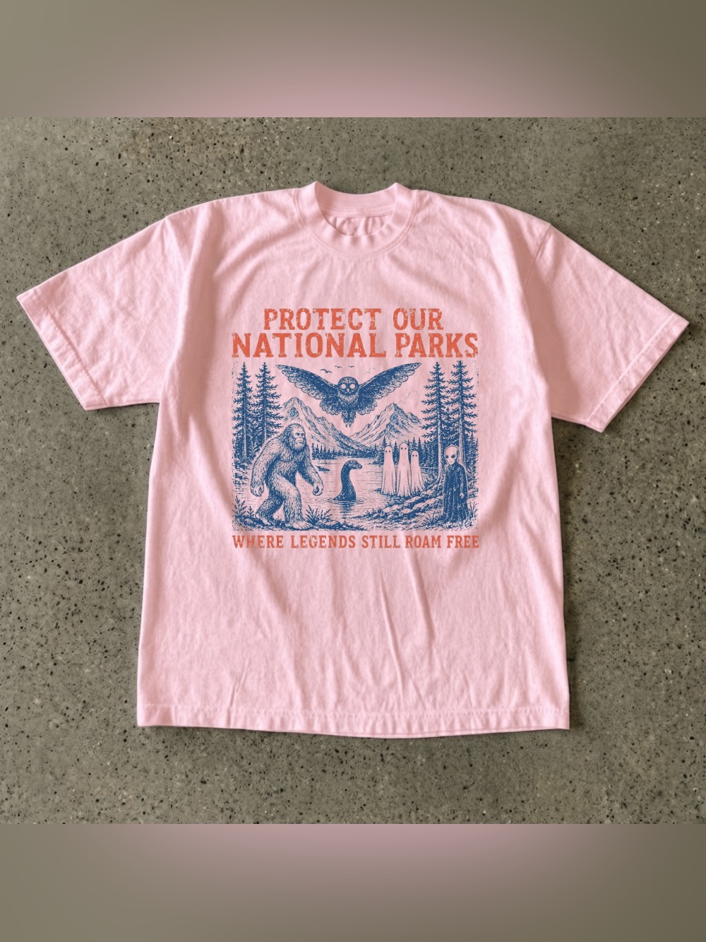 Protect Our National Parks Cryptid Loch Ness Bigfoot Light Pink Graphic T-Shirt